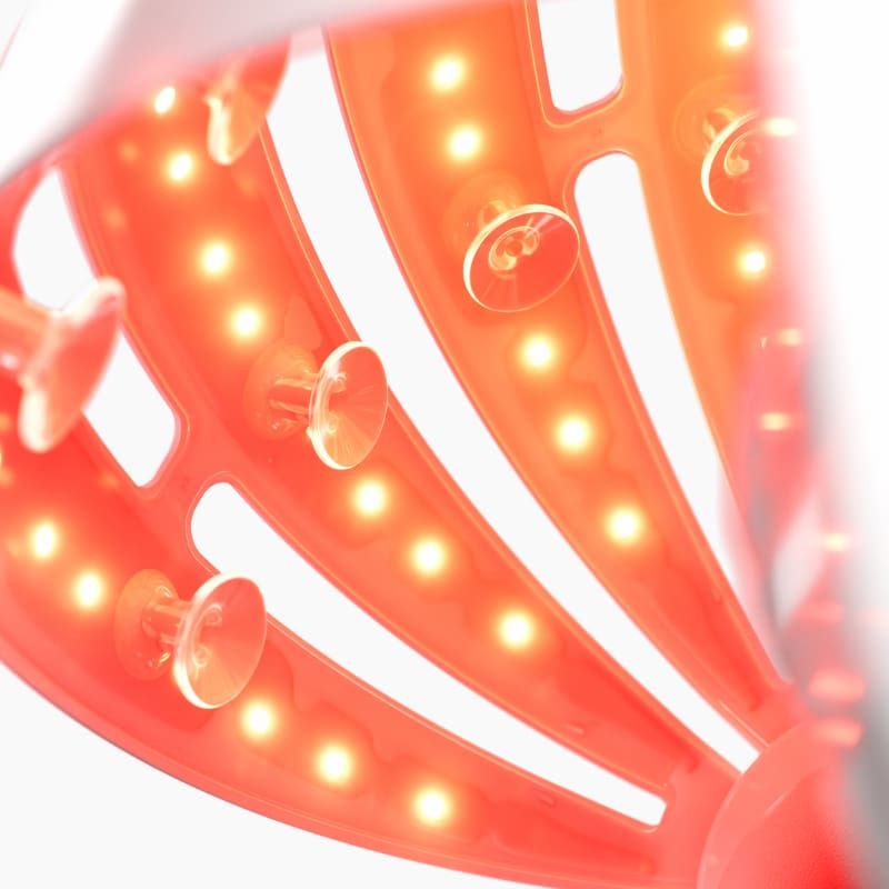 Inside the CurrentBody helmet, with the red LEDs switched on.