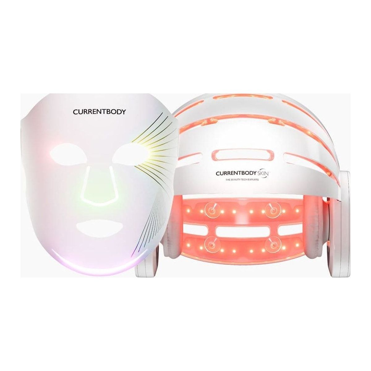 CurrentBody LED hair growth helmet, a white rigid shell with a black interior, on a white background.