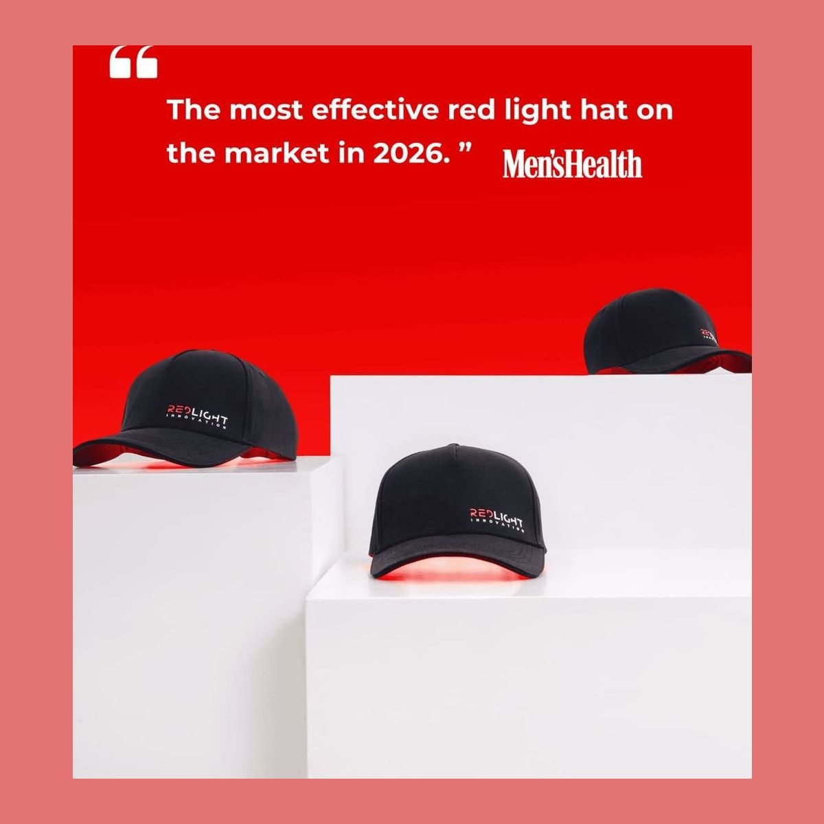 Three views of the RedLight Innovation Hat Pro: the LED panel, the inside of the cap, and the cap from above.