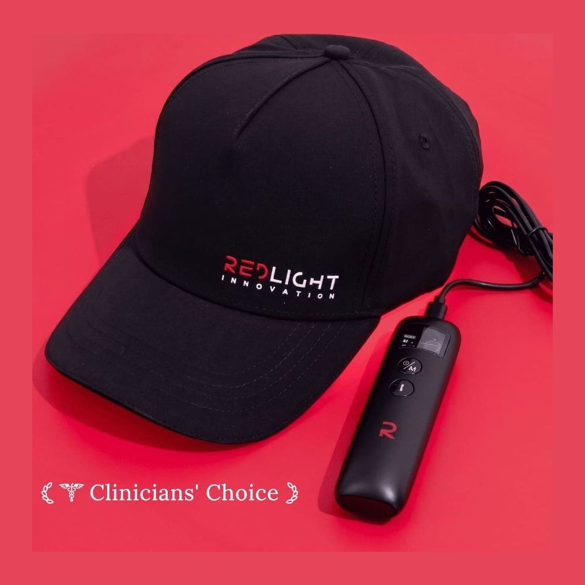 RedLight Innovation Hat Pro on a red background, with the red LED panel visible inside the cap.